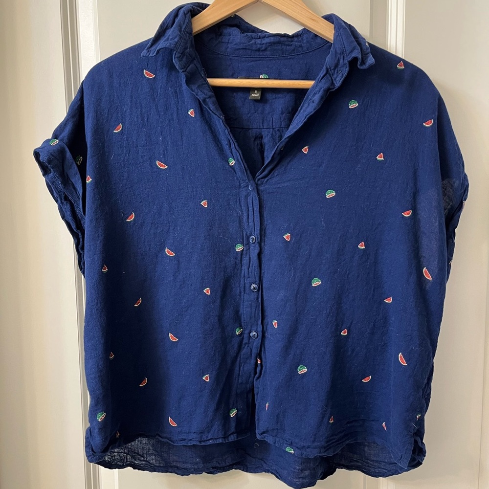 Linen blend navy button up shirt with watermelon print!!!